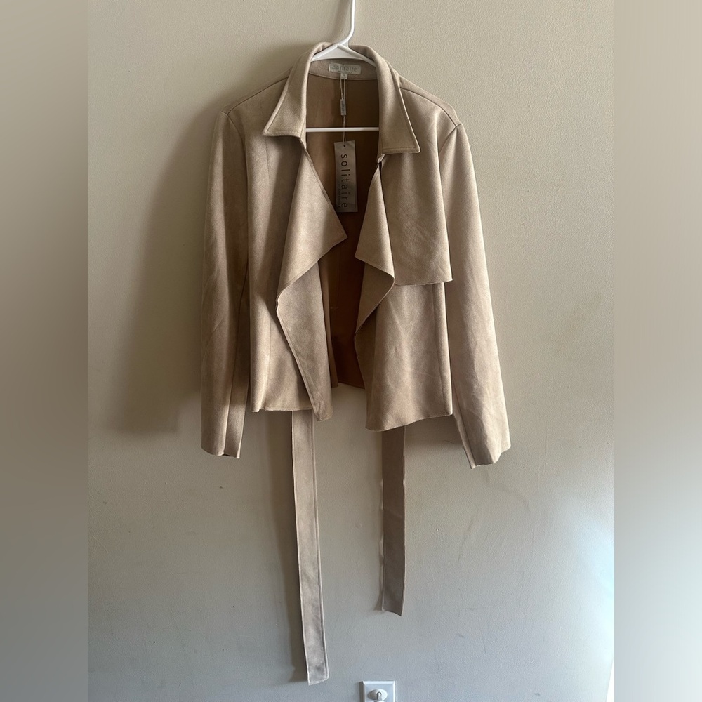 🌟Solitaire Beige Draped Trench Jacket with Self Tie Size L NWT